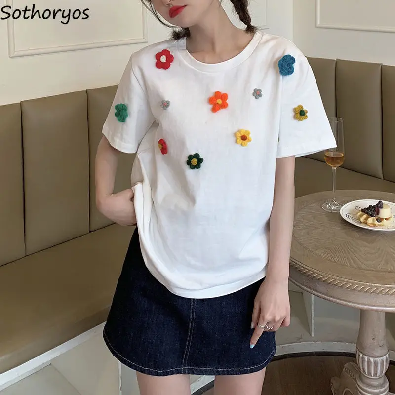 

Women Short Sleeve T-shirts Sweet Girls Summer Loose 3D Flower Lovely Trendy Tops Students Soft Ulzzang Tees Females 2021 Newest