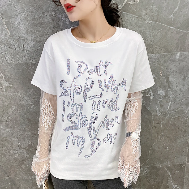 

2020 spring new hot rhinestone lace mesh stitching bottoming shirt loose mid-length T-shirt Women t-shirt feminina plus size