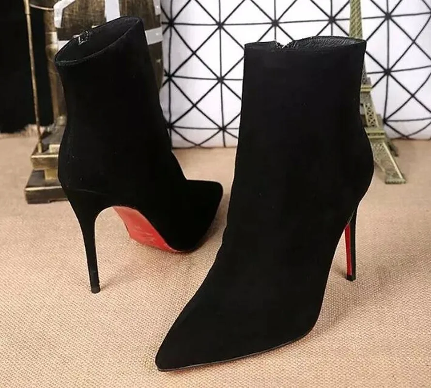 

NEW Winter Warm Boots Women's Short Plush Ankle Boots Zipper Stiletto Pointed Toe Sexy Red Bottom High Heels Black Boots
