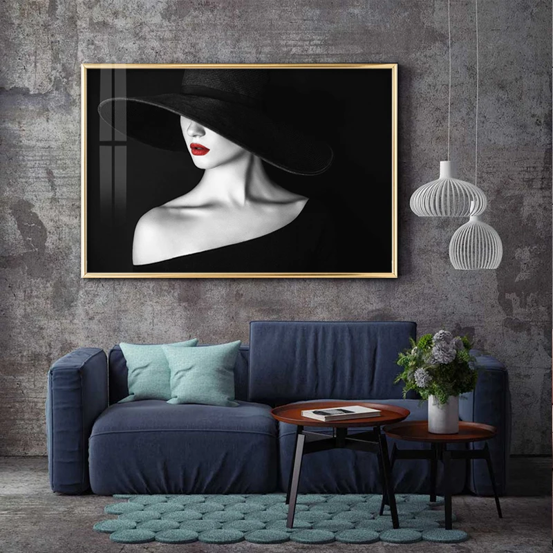 

Fashion Women Wall Art Poster Black Hat Sexy Red Lip Canvas Painting Modern Black White Picture for Living Room Home Decor
