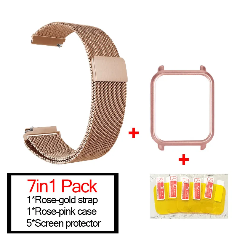 rose gold-rose pink 7в1 для Xiaomi Huami Amazfit ремешок bip браслет из Миланского нержавеющей стали Smartwatch Браслет Amazfit bip защитный чехол для экрана - Цвет: rose gold-rose pink