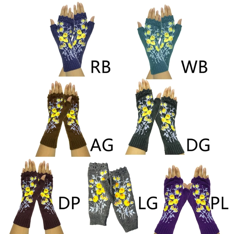 

Women Knit Lengthen Fingerless Gloves Yellow Floral Embroidery Texting Mittens 649C