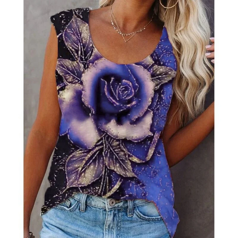 

Rose Floral Sleeveless Vest Shirt Women Summer Sleeveless T Shirt Floral Printed Round Neck Loose Tank Vest Casual Ladies Tops