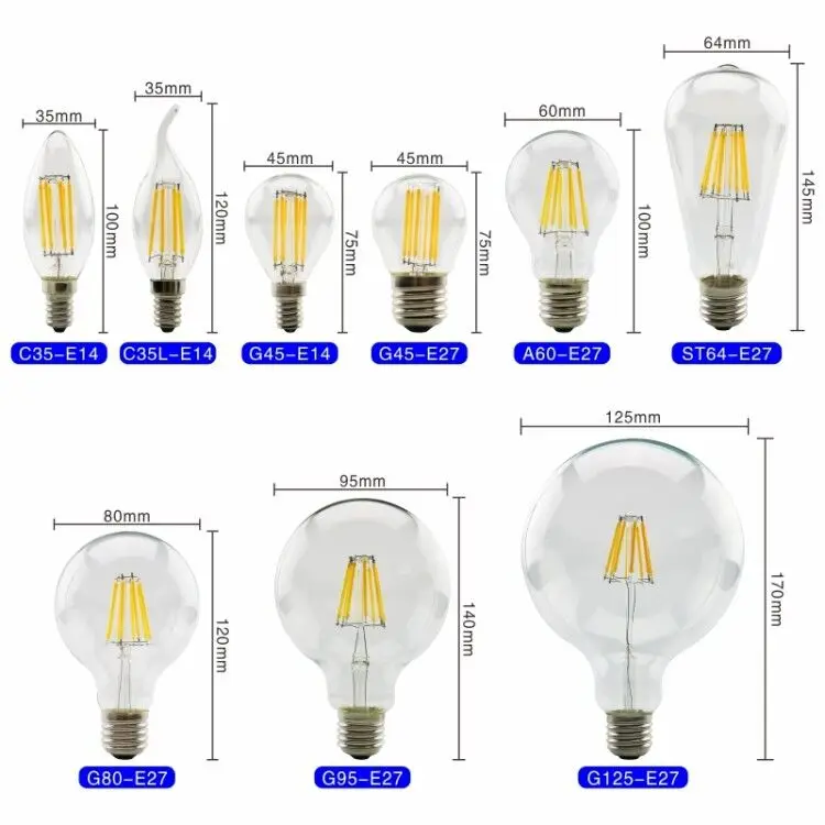 Фото Светодиодный ная лампа накаливания E27 E14 Ретро лампа Эдисона 220V-240V светильник вая лампа C35 G45 A60 ST64 G80 G95 G125 стеклянная винтажная лампа в виде св... №2
