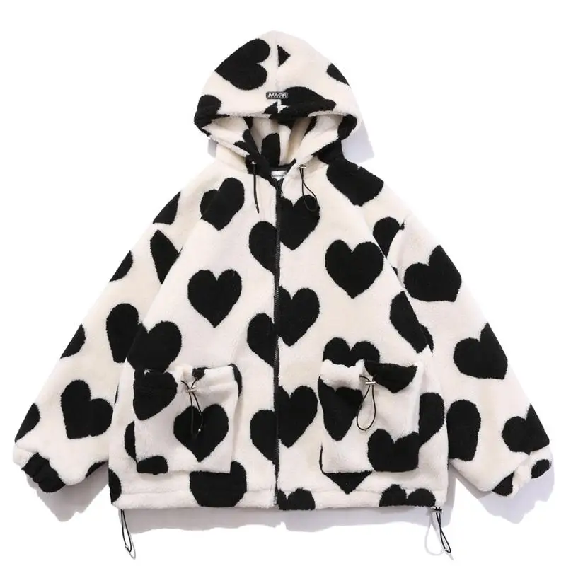 

Cute Heart-shaped Print Lambswool Winter Jacket Men Drawstring Pockets Zipper Hooded High Street Warm Couple Streetwear