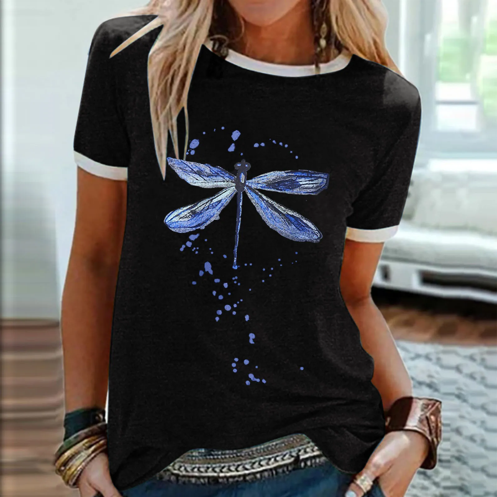 Футболка Женская с круглым вырезом Повседневная модная рубашка принтом стрекозы