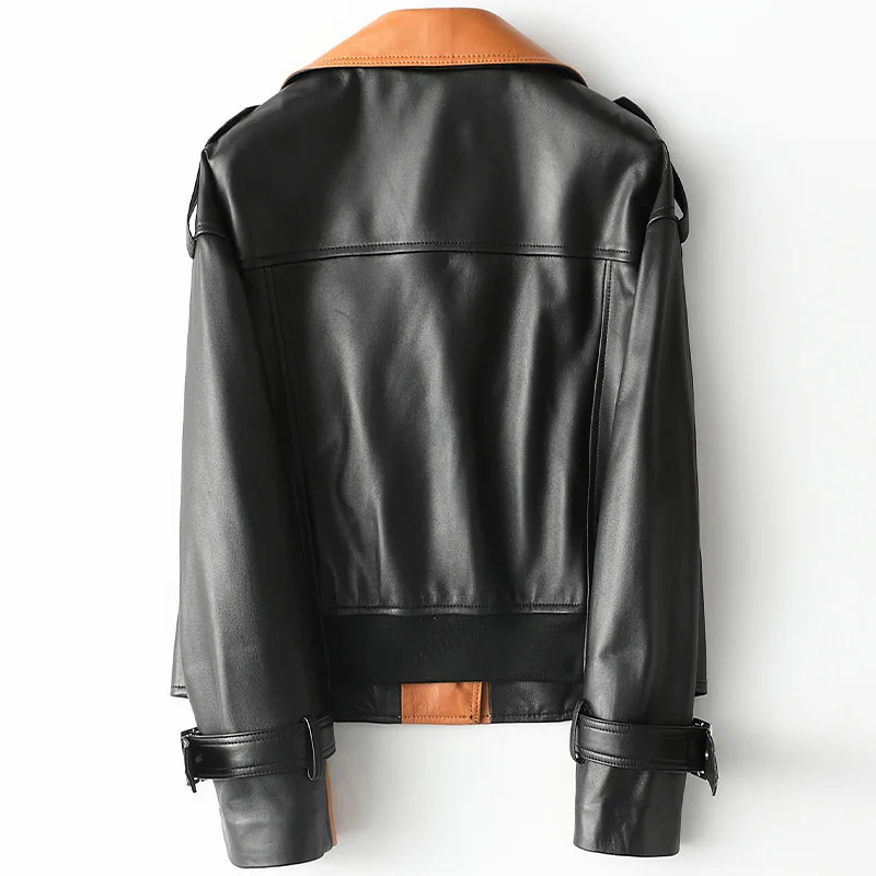Spring 2021 New Genuine Leather Black Loose Coat Women's Sheepskin Jacket Short Motorcycle Suit Splicing Moto & Biker Wear