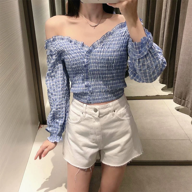 Za 2021 Summer Women Plaid Print Folds Crop Shirt Long Sleeve Chic Female Sexy Slim Shirt Tops Blusas Feminina HH5204