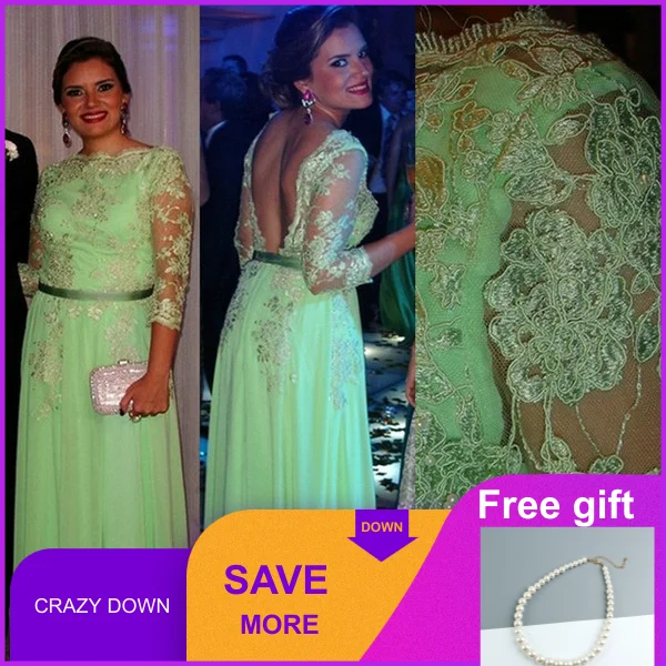 

Mother of the Bride Dresses Chiffon 3/4 Sleeve A-line Long Appliques Beaded Backless Mint Green Evening Party Gowns Mom's Dress