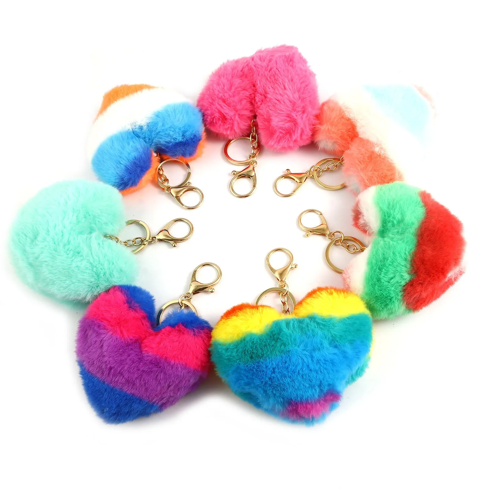 

2 шт. многоцветный плюшевый брелок с милым сердцем, золотой цвет, металлический брелок для женщин, девушек, брелок для автомобильных ключей, ...