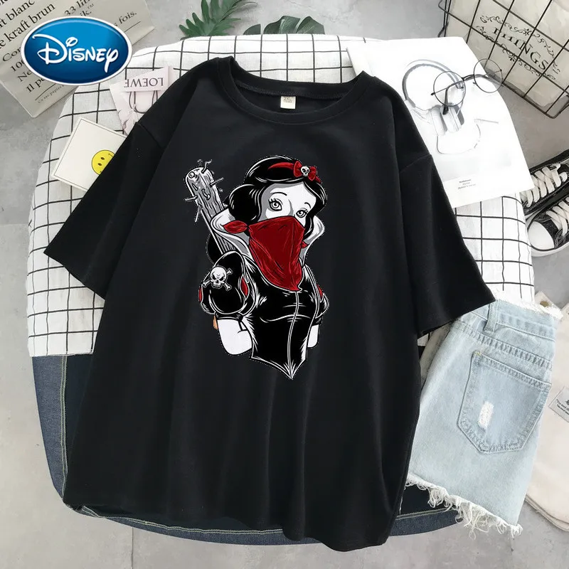 

Alice In Wonderland T Shirt Women Cotton Tops Black Alice Snow White Princess Print Casual Short Sleeve 90s Vogue T-shirt Femme