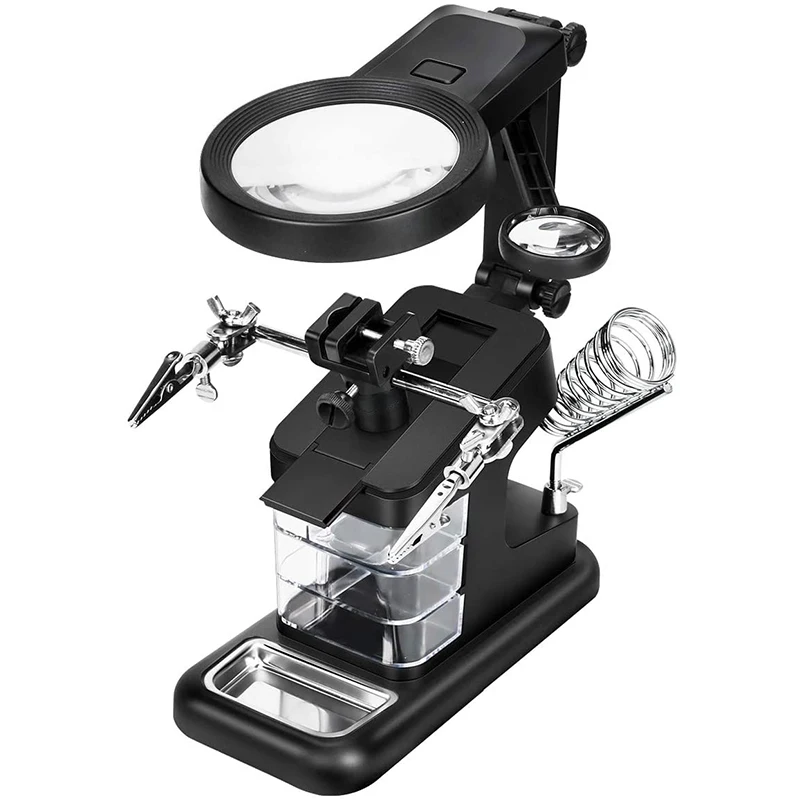

Desktop Multi Functional Welding Magnifier 3X/4.5X/25X LED Light Helping Hands Magnifier Station with Clamp and Alligator Clips
