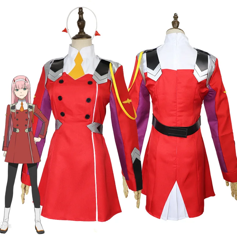 

Аниме 02 Zero Two косплей костюм красное платье розовый парик Дарлинг во франксе женский костюм юбка Толстовка головной убор розовые длинные па...