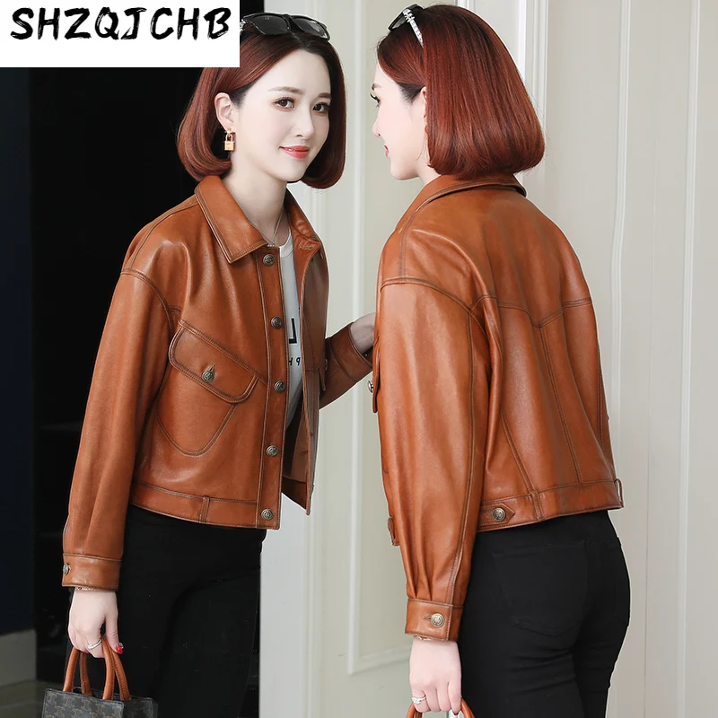 

Женская кожаная куртка SHZQ, новинка осень-зима 2021, тонкая короткая Корейская локомотивная куртка из овчины