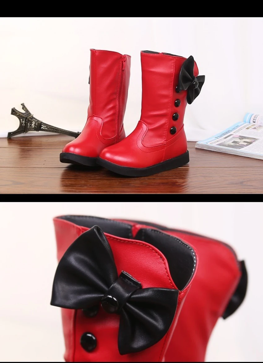 Girls Fashion Boots Autumn Winter Platforms PU Leather Mid-calf Princess Boots Butterfly-knot Ornament Toddler Kids Shoes