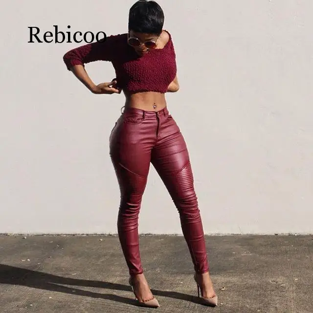 

Fashion ladies leather tight high waist stretch pencil pants trousers 2019 fashion new