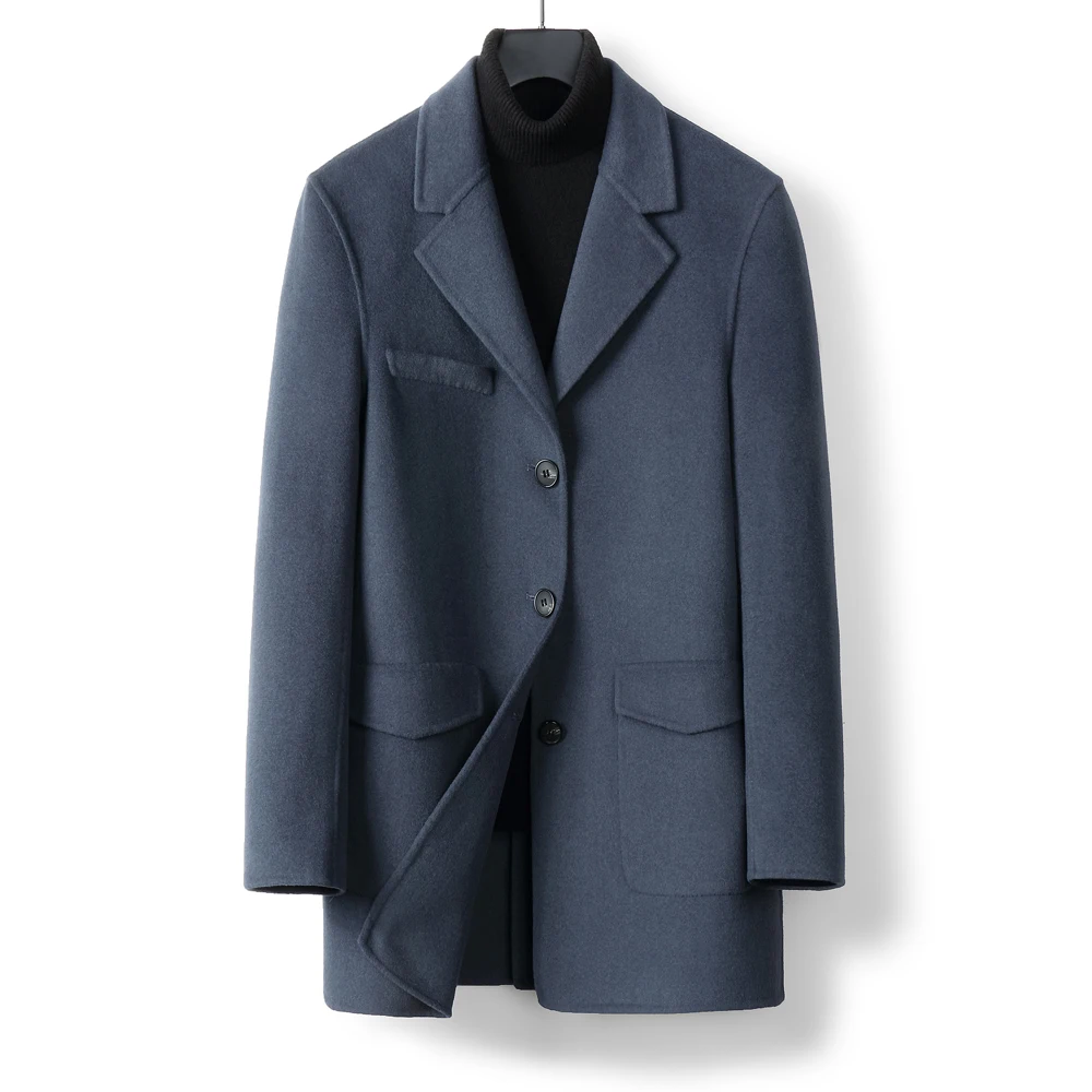 

Официальная шерстяная длинная одежда, синий деловой костюм с воротником, приталенные шерстяные куртки для бизнесмена на осень и весну