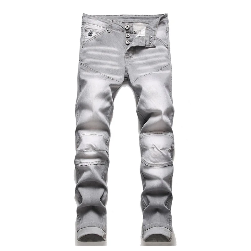 

2021 New Fashion Biker Straight Jeans Men Gray Slim Stretch Motorcycle Denim Trousers Patchwork