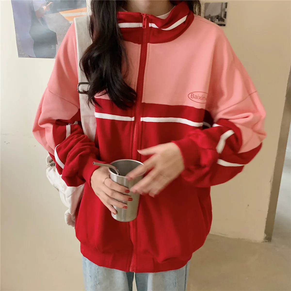 

Zip-up Women Korean Style Hoodies Vintage Striped Printed Long Sleeve Oversized Hooded Sweatshirt Lady Women Casual Large Coats