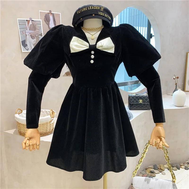 

Niche Design NEW Women's Clothing 2021 Autumn Winter Vintage Puff Sleeve Bow Design A-line Velvet Dress