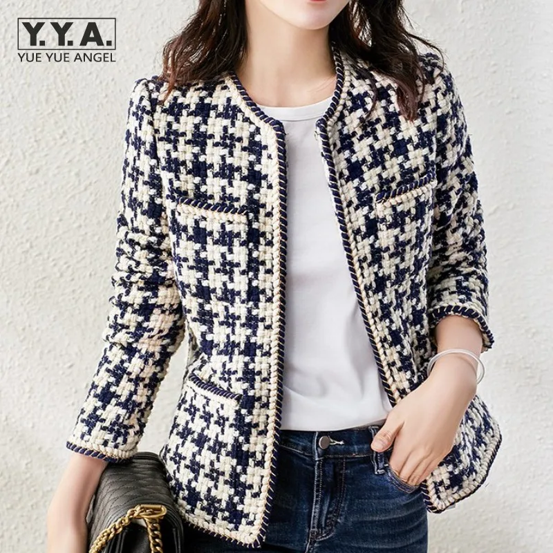 

2022 Autumn Vintage Cardigan Tweed Jacket Office Ladies Classic Slim Lattice Jackets Women O-Neck Long Sleeve Elegant Outerwear