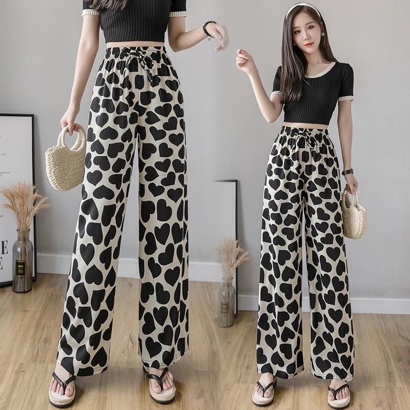 

Straight Dot Print Wide Leg Pants Trousers Women Summer Sexy Elastic Waist Casual Loose Trousers Streetwear Female Chiffon Pants
