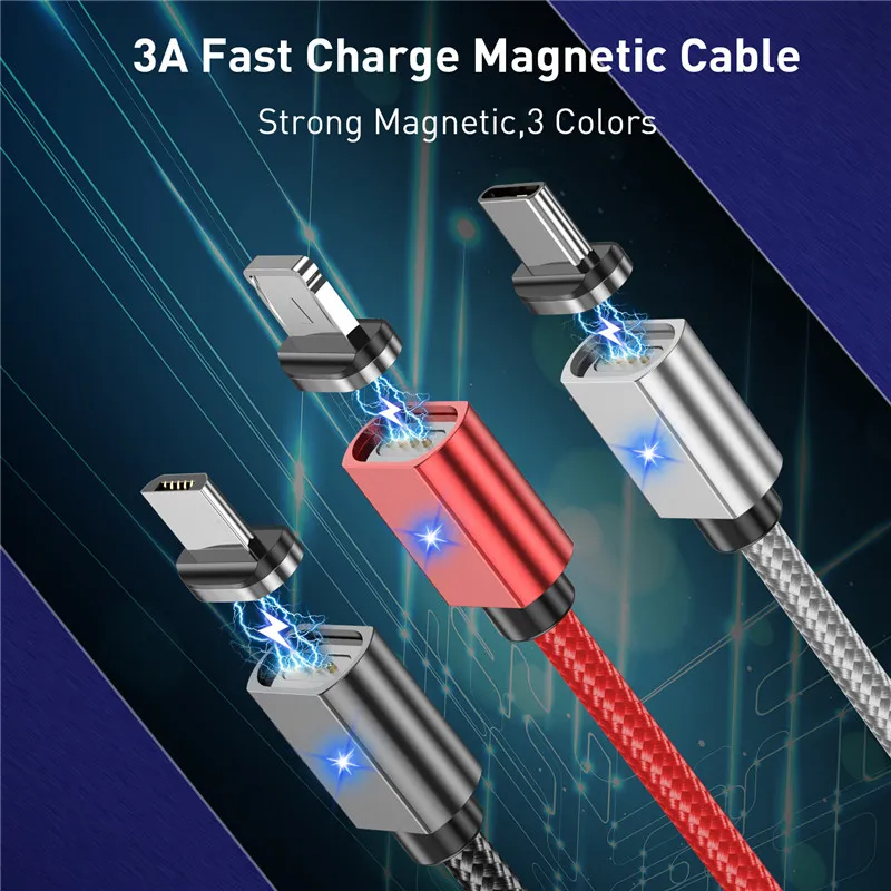 

New 3A LED Magnetic Micro USB Cable For iPhone Samsung Fast Charging Data Wire Cord Magnet Charger USB Type C Mobile Phone Cable