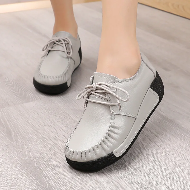

Genuine Leather Women Platform Sneakers Lace Up Flats Black White Swing Shoes Shallow Ladies Casual Footwear Height Increasing
