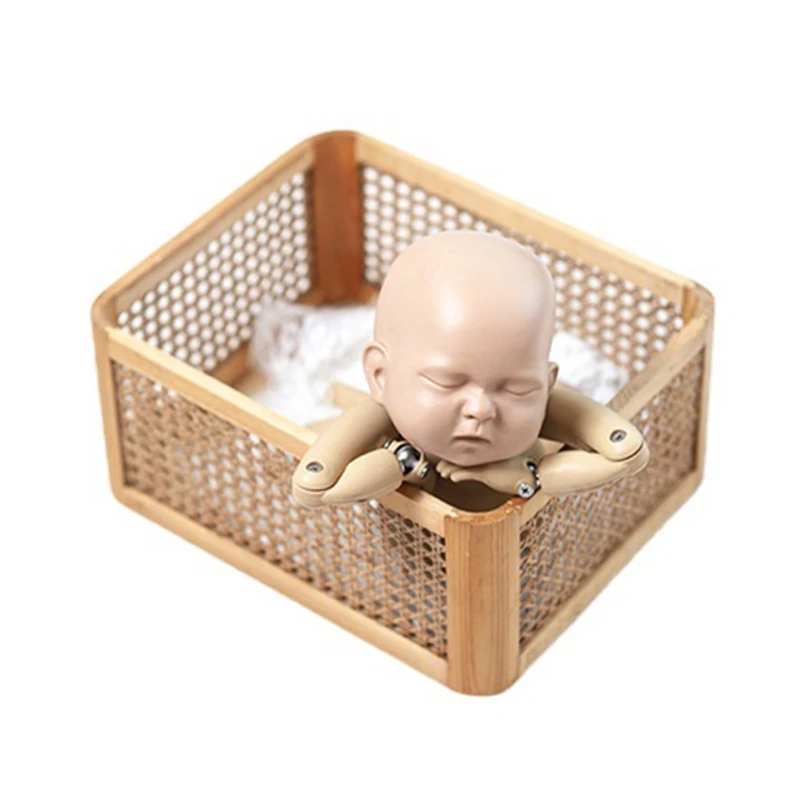 

50LE Newborn Photography Props Basket Square Weave Wooden Box Furniture Infant Photo Shooting Fotografia Posing Accessory