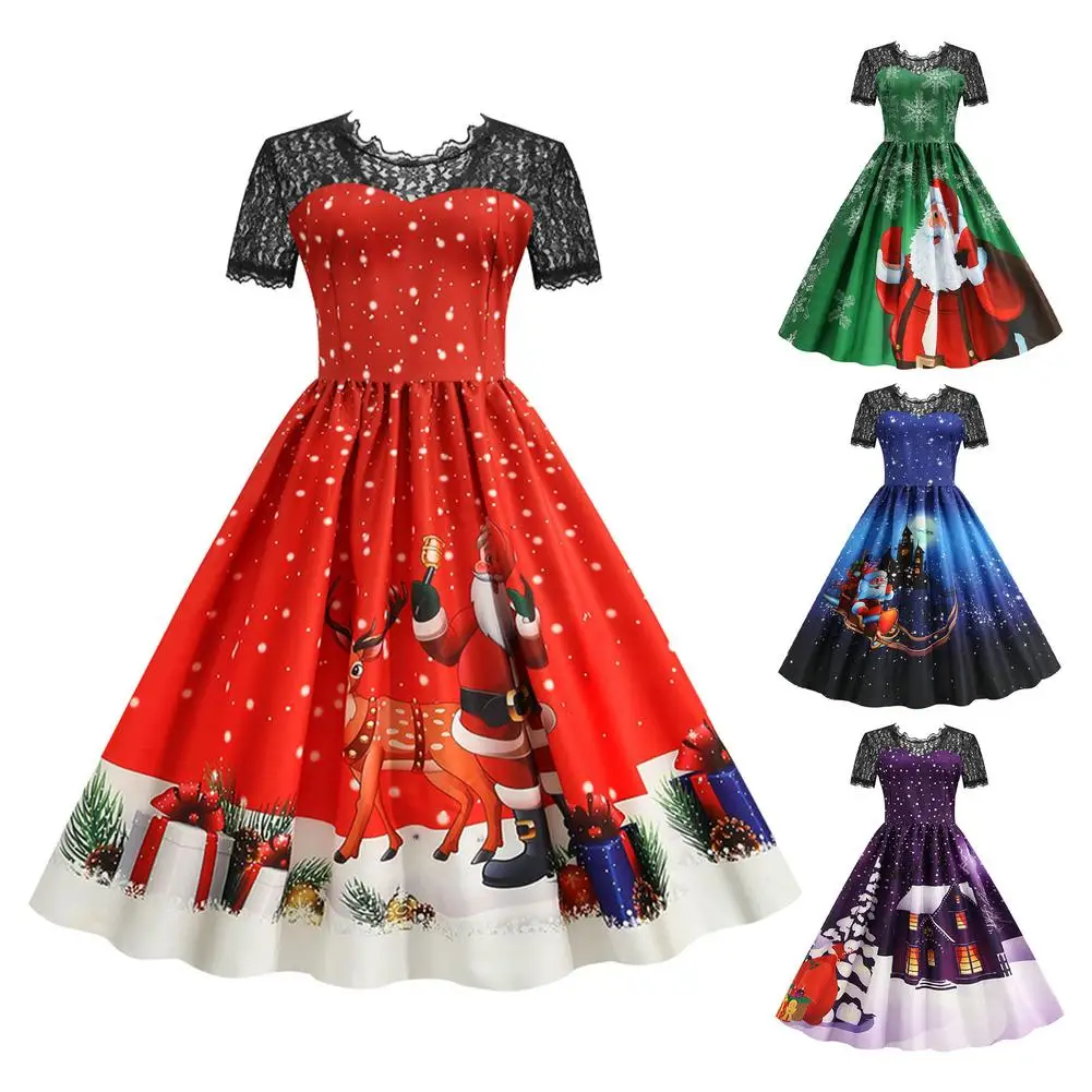 

Christmas Lace Dress Women Casual Short Sleeved A-Line Midi Dresses Cocktail Swing Dresses Cosplay Party Costume Princess Gown