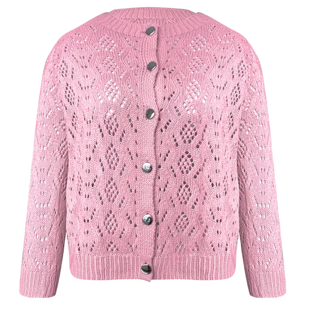 

Autumn Casual Loose Knitted Women Mesh Hollow Out Cardigans Female O-Neck Knitting Buttons Clothing Ladies Solid Sweaters