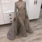 Съемные мусульманские Вечерние платья Русалка 2020 с высоким воротником с длинным рукавом Кружевное Дубай абайя Саудовская Арабская длинное вечернее платье для выпускного вечера