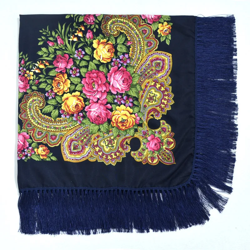 Navy Blue Бабушка украинские шарфы для России, большой прямоугольный шарф с цветочным рисунком в стиле ретро хлопок волосы голова Обёрточная бумага хиджаб шарф с кисточками зимние хлопковые шаль - Цвет: Navy Blue