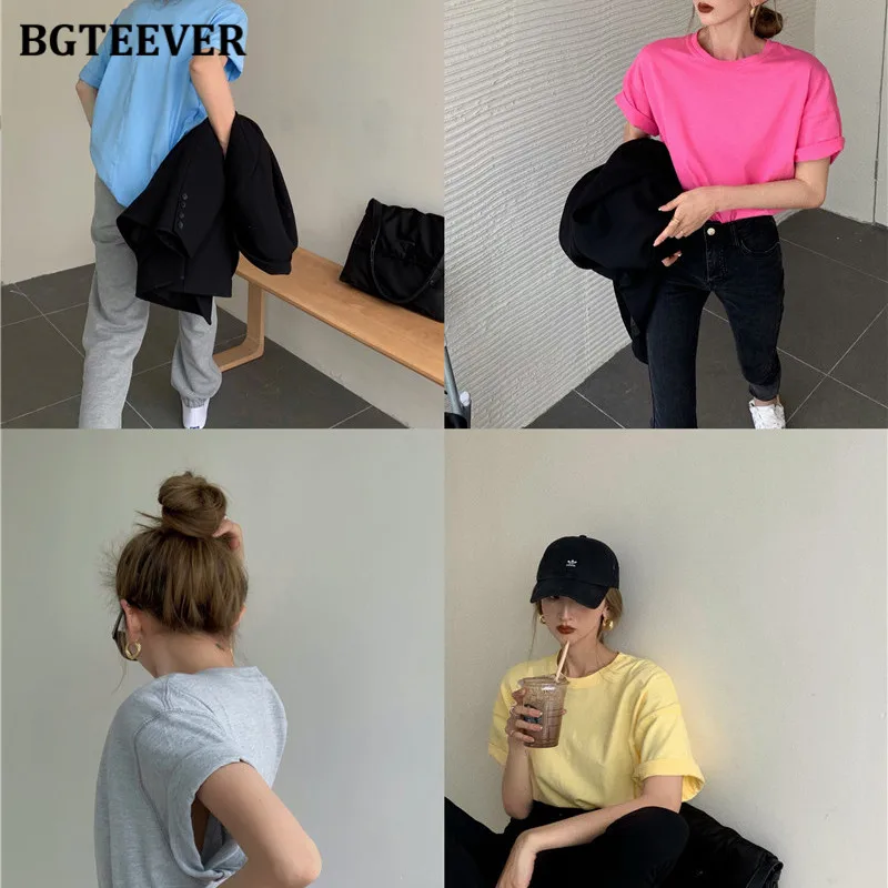 

BGTEEVER Chic Simple Loose Solid T-shirts for Women 2021 Spring Summer Ladies Pullover Tops O-neck Short Sleeve Female Tees
