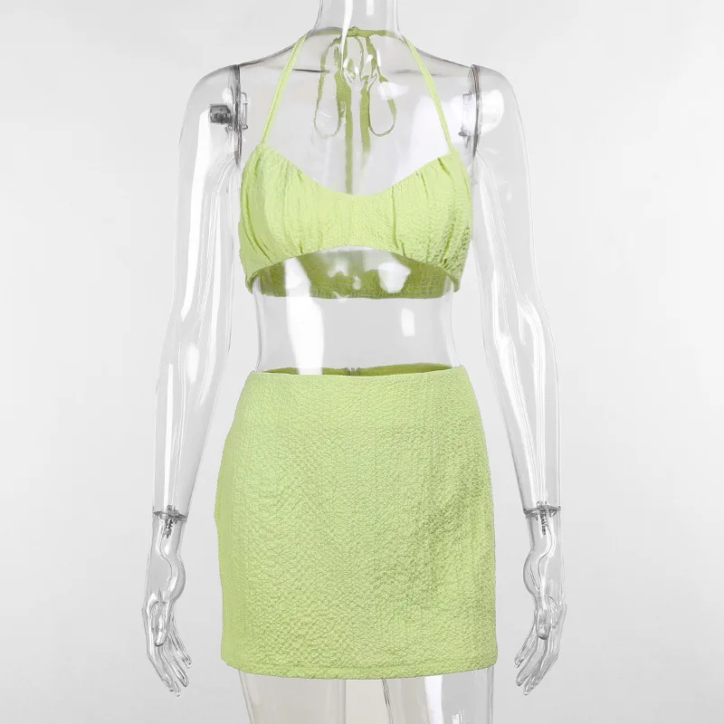 

Giyu Sexy Ruched Strapless Summer Two Piece Skirt Set Women Halter Backless Crop Top Bodycon Mini Skirts Beach Outfits Slim Suit