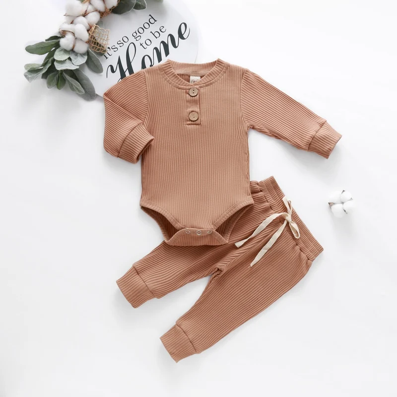 

Autumn Product Knitted Pure Cotton Pit Strip Solid Color Comfortable Romper Trousers Long Sleeve Two-piece suit