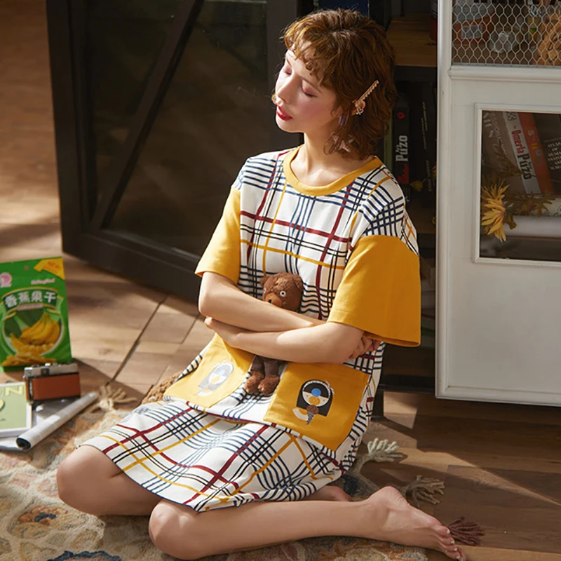 

2020 Summer Night Dress Women Plus Size Nightgown Cartoon Print Cute Short-sleeves Nightie Cotton Homewear Sleepwear Female