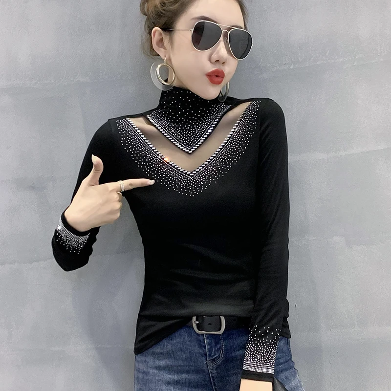 

New 2020 Autumn winter woman tshirts Fashion long sleeve turtleneck mesh tops Elegant sexy hollow out t-shirt mujer camisetas