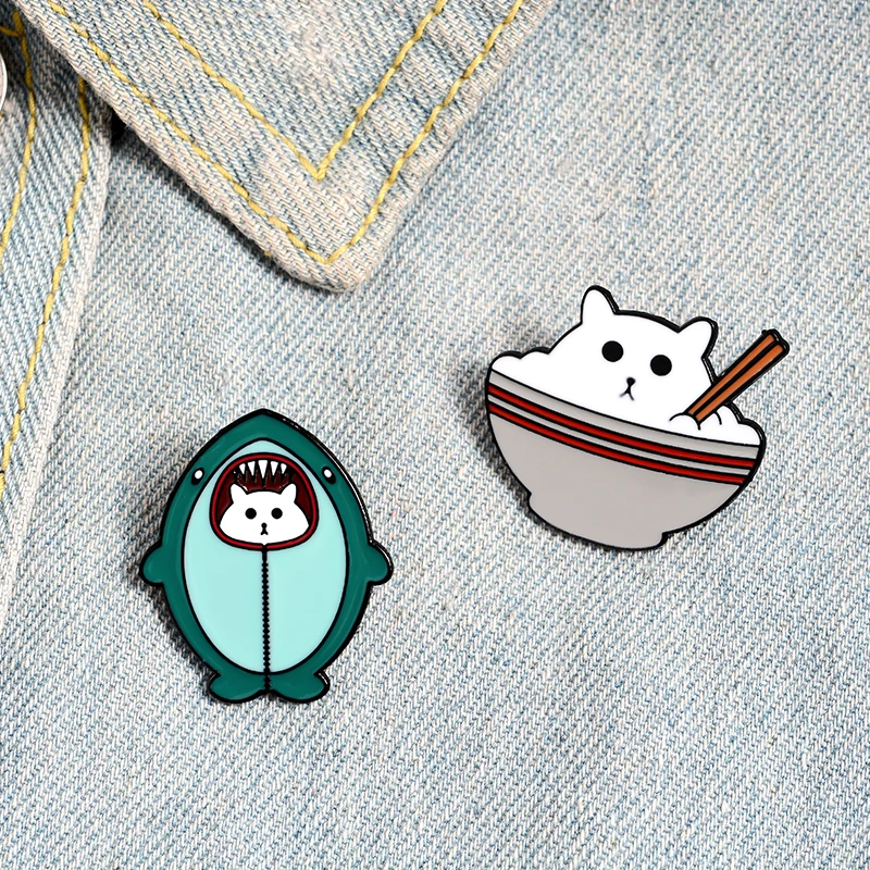 

Cat disguised Shark Enamel Lapel Pins Cat Rice Cartoon Brooches Badges Fashion Backpack Pin Gift for Friends Wholesale Jewelry