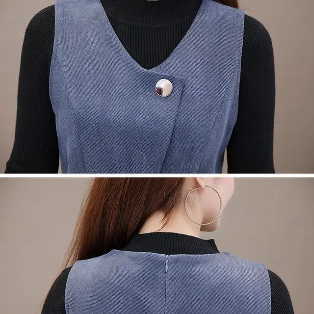 

2021 Autumn women's warm two piece suit with backing knitted shirt and sleeveless waistband dress