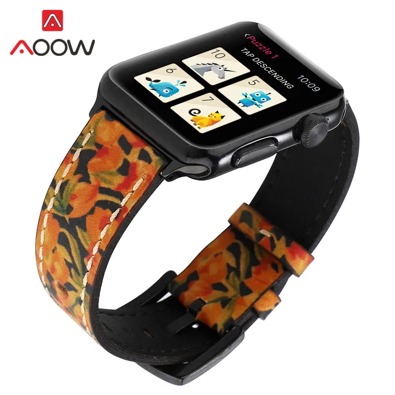 

Ремешок из натуральной кожи для Apple Watch iwatch 6 5 4 3 2 1 SE, винтажный сменный Браслет с цветами для мужчин и женщин, 38 мм 42 мм 40 мм 44 мм, на осень