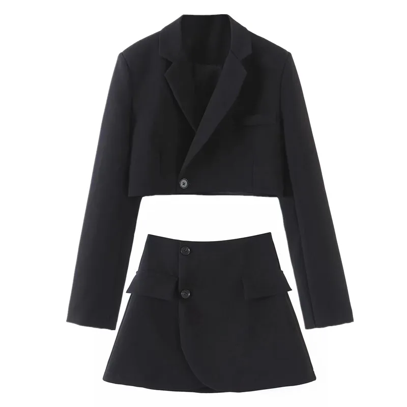 

One Button Short Women Blazer Cropped High Waist Irregular Cross Slit Mini Skirt Long Sleeve Suits Vintage Set Woman 2 Pieces