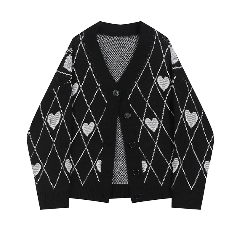 

Cardigan For Women Sweater Long Sleeve Black V-neck Heart Rhombus Plaid Casual Loose Vintage Knitwear Tops Coat Knit Cardigan