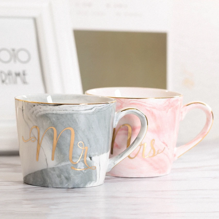 Marble Ceramic Mug Handpainted Gold Monogram Natural Marble Porcelain Coffee Mug Pink Gold Inlay Cup Creative Wedding Gift