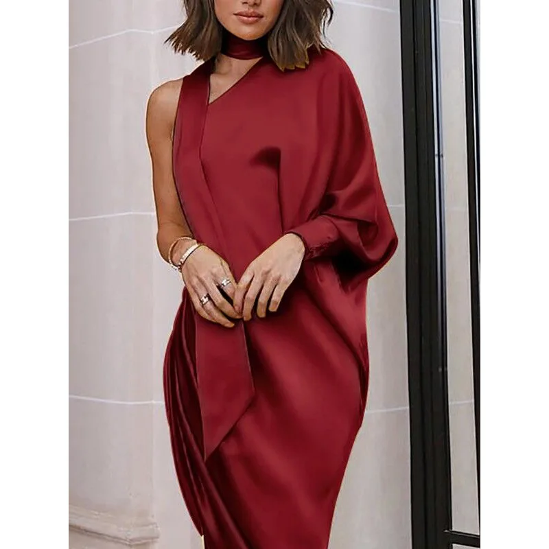 

T63 New Ladies elegant long dress evening dress one shoulder pleated side split dress