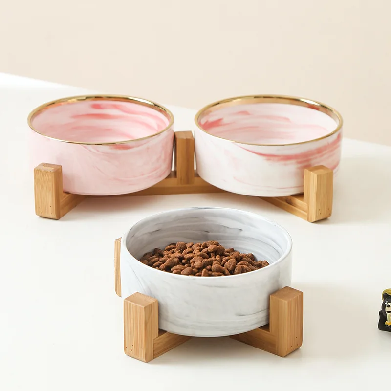 

Marble Ceramic Dog Bowl Cat Food and Water Bowls Dish with Wood Stand Heavy Weight Pet Feeder for Big Flat Faced Cats Puppy Dogs