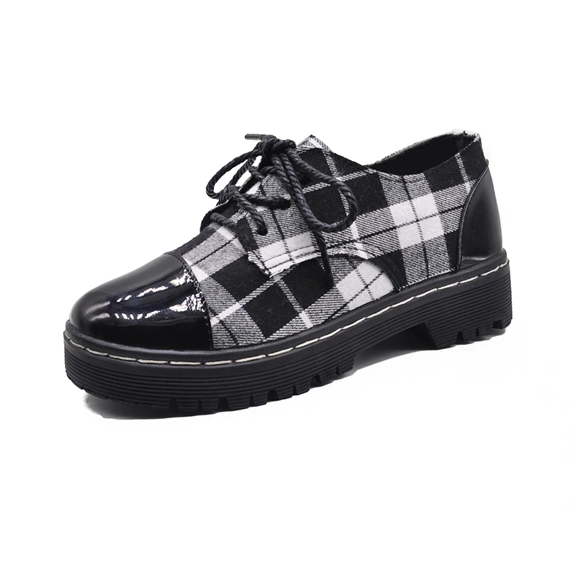 New British Style Lace Up Ladies Shoes Plus Size Sneakers Women Gingham Canvas Oxfords Female Flats Platform Woman | Обувь