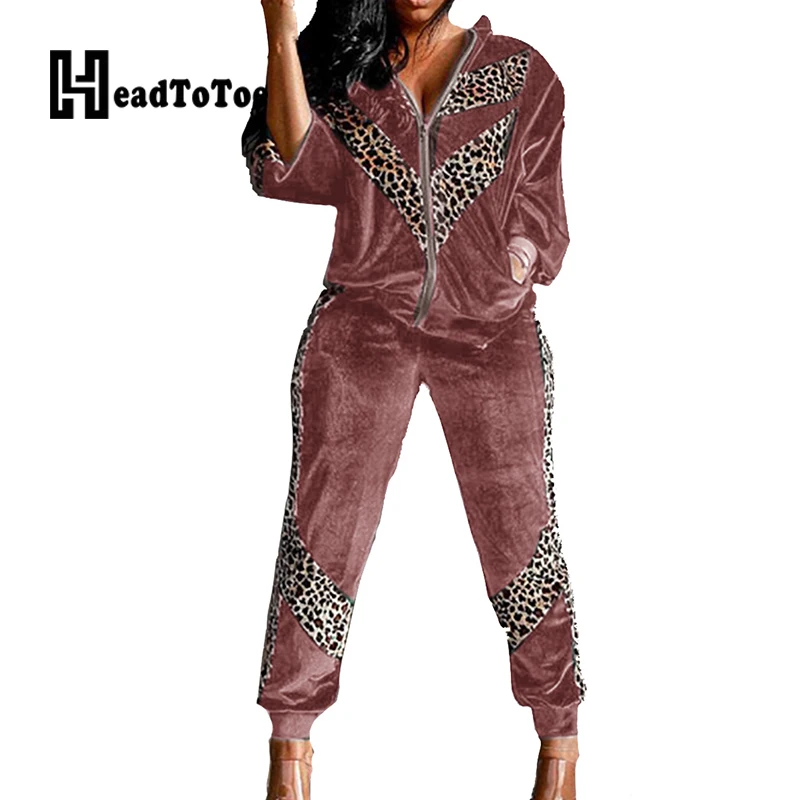 

Leopard Print Golden Velvet Zip Pocket Fashion Sporty 2 Piece Set Women Long Sleeve Hooded Loose Two Piece Outfits Woman