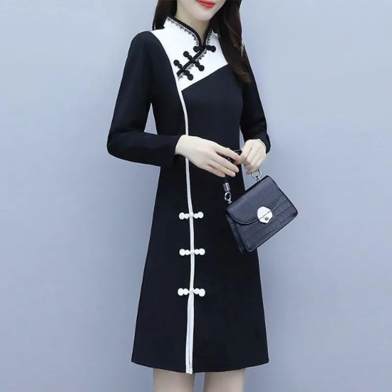 Женское приталенное платье-Ципао черное китайское платье с длинным рукавом