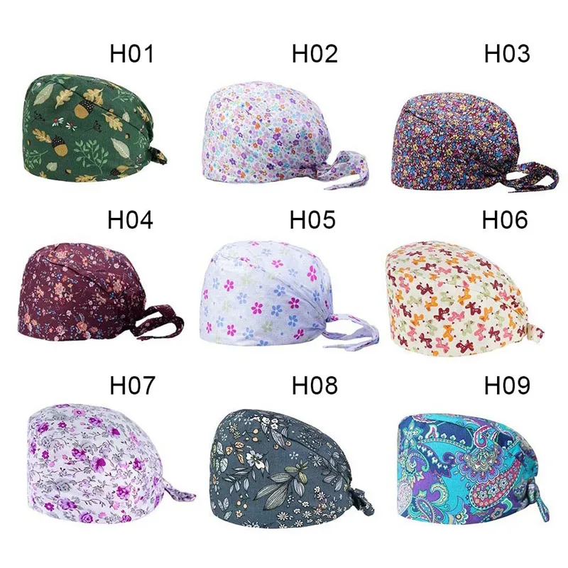 

1PCS Nurse Hat Fashionable Temperament Cotton Adjustable Button Bandage Multiple Styles Print Leisure Stand-Ear Protection Hat